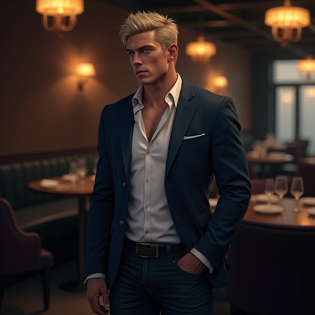 Hyper-Realistic Portrait of a Man in Restaurant