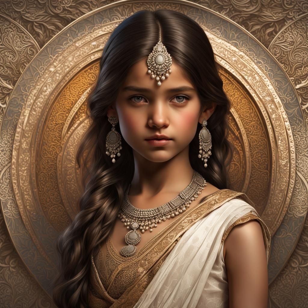 Half Indian half White elementary school aged girl :: slender thin :: dress :: shoulder up portrait :: highly intricate ...