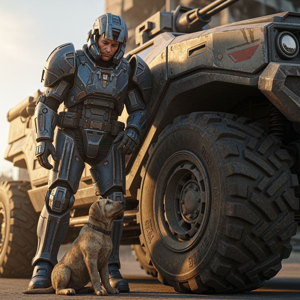 Futuristic Soldier and Puppy in Wasteland at Golden Hour