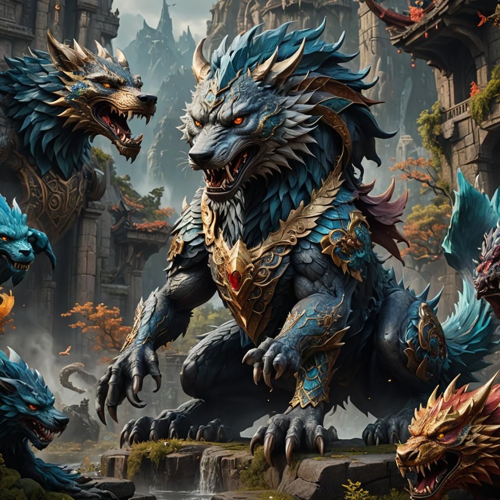 Detailed Wolf Dragon Fantasy Concept Art