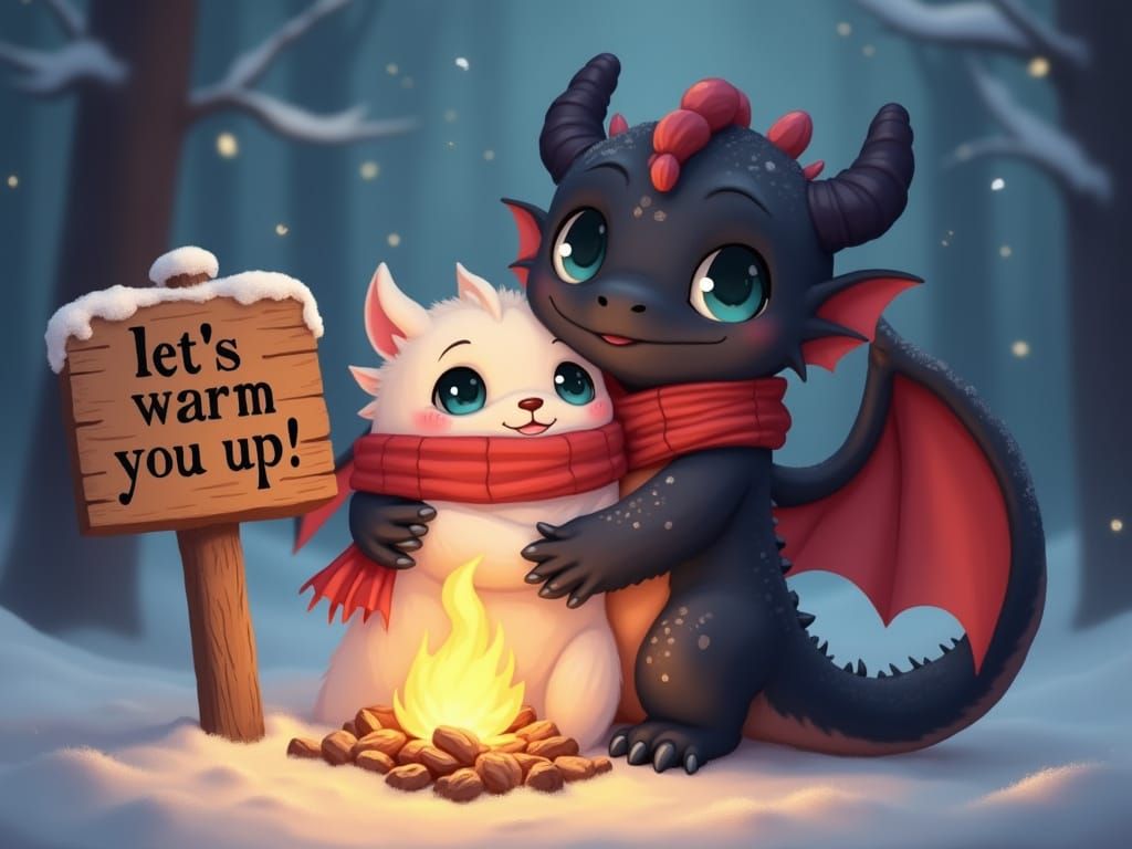 Cozy Anime Dragon Hugs Yeti by the Fireplace