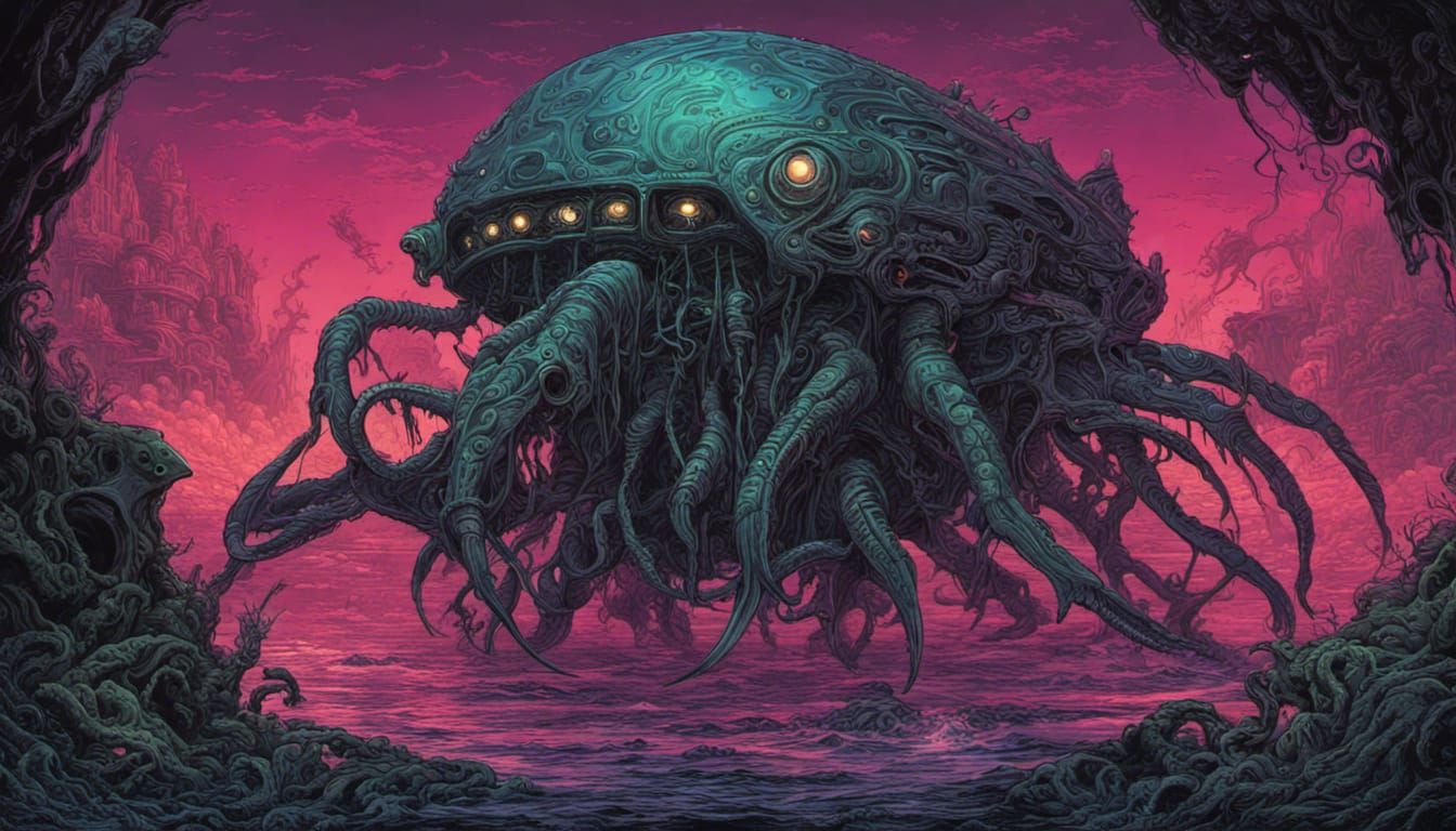 Luminescent Mechanical Sea Creature in Dark Concept Art
