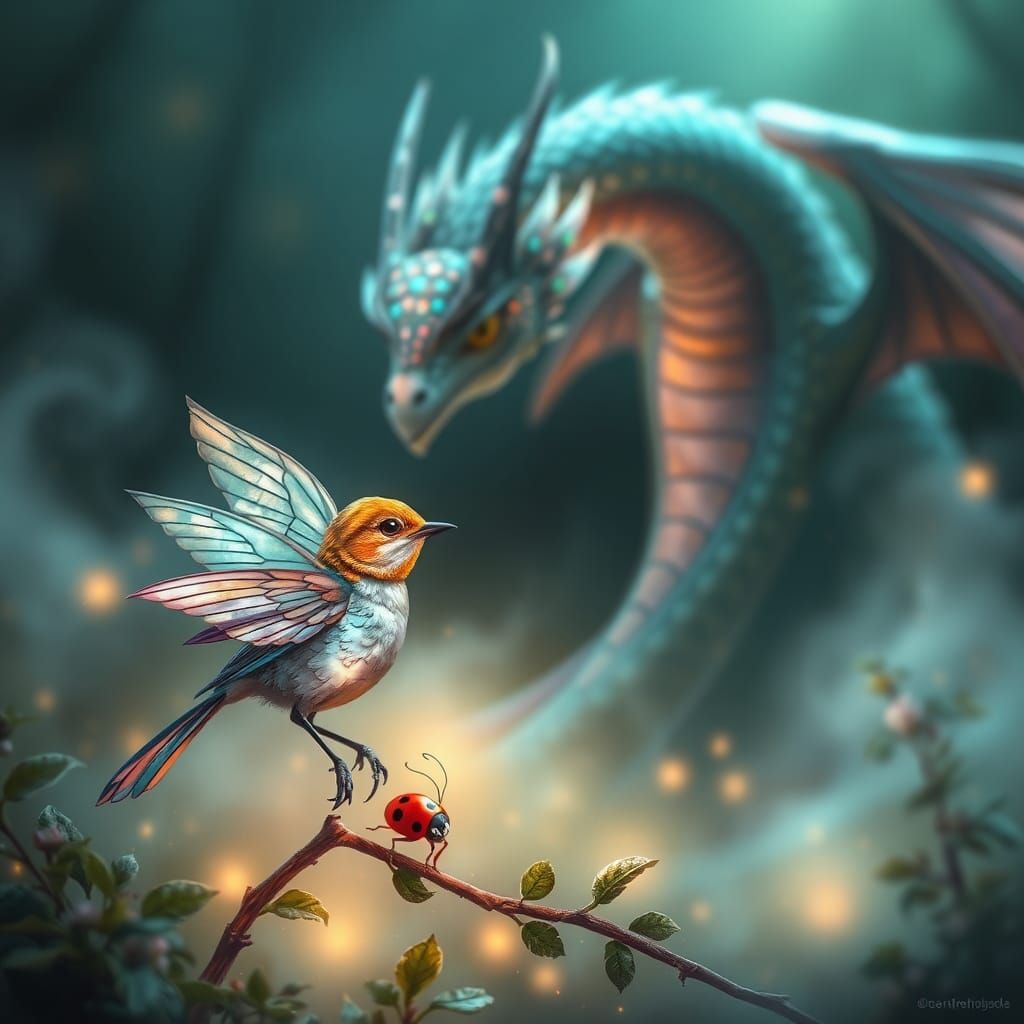 Iridescent Bird, Ladybug, and Dragon in Dreamscape