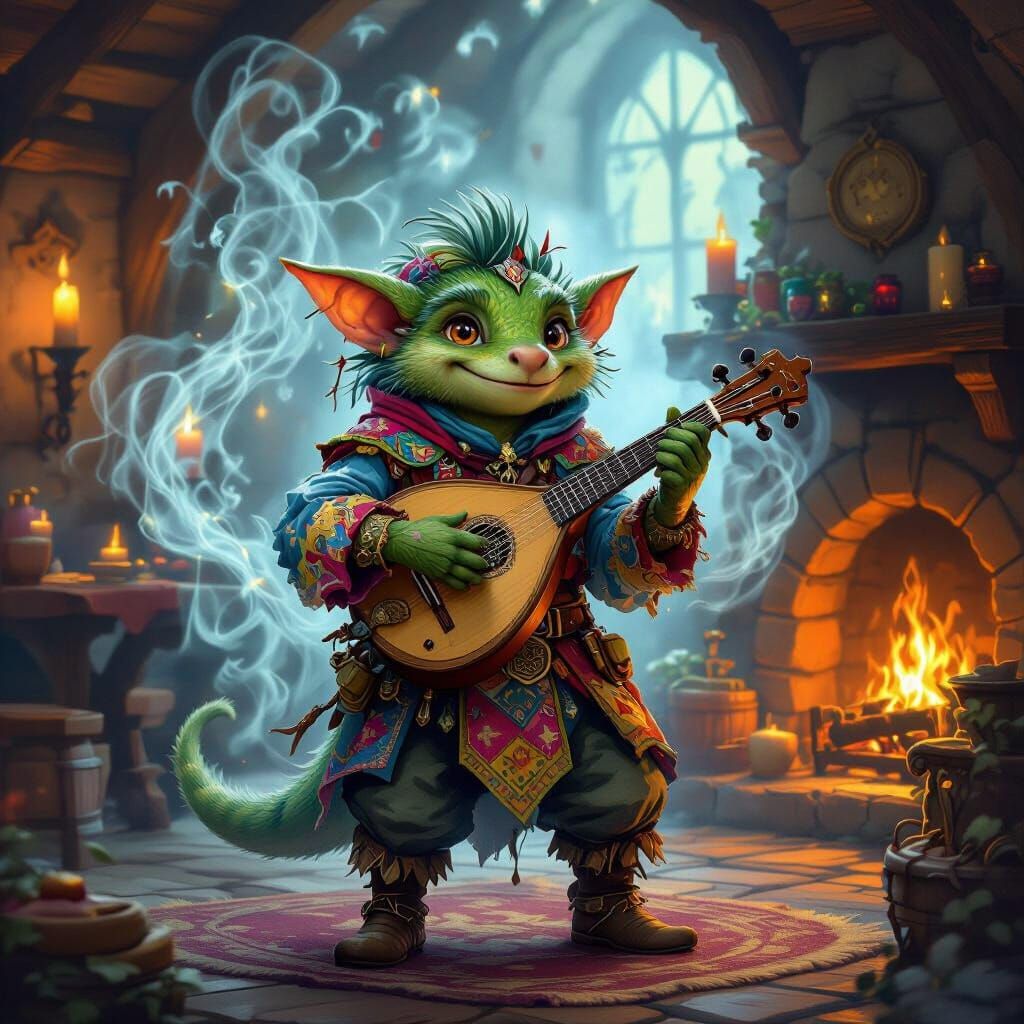Kobold Bard Plays Lute in Cozy Tavern