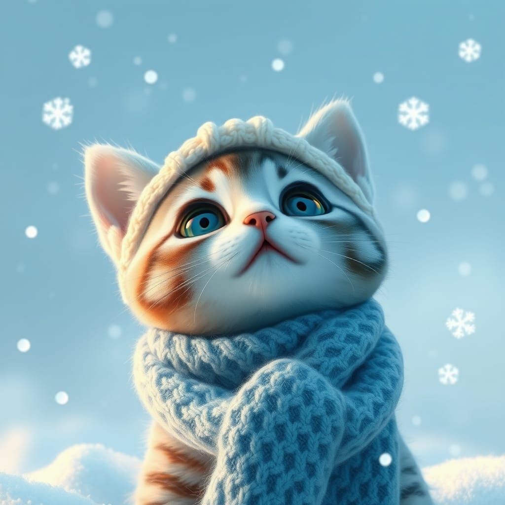 Adorable Baby Cat Enjoys Winter Wonderland in Soft Pastel Hu...