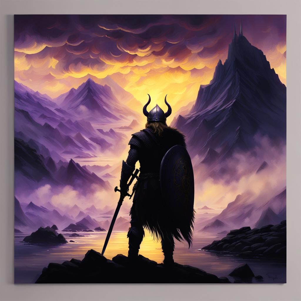 Viking Warrior in Misty Fjord: Dark Fantasy Art