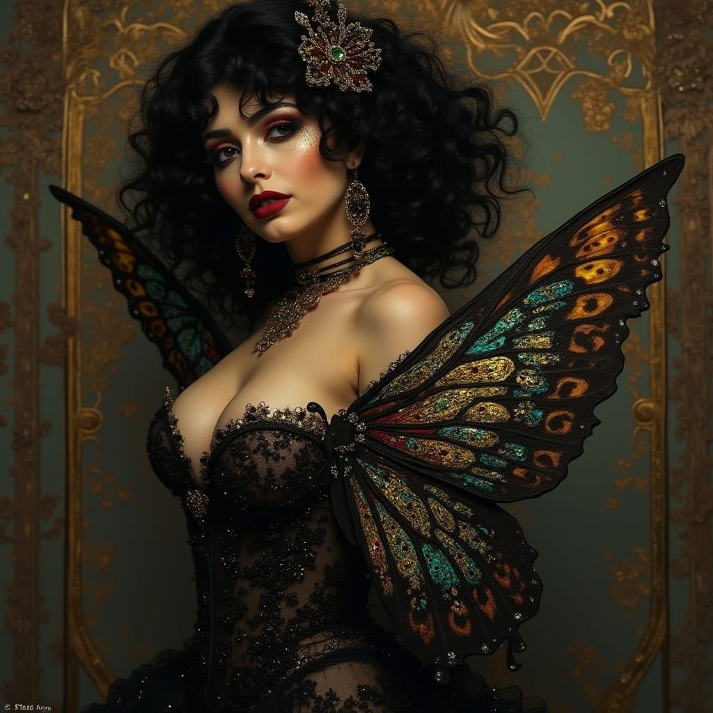 Goth Emo Burlesque Butterfly in Opulent Art Nouveau Style