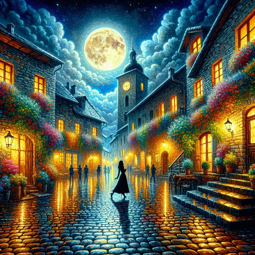 Romantic European Village at Night in Impressionist Style