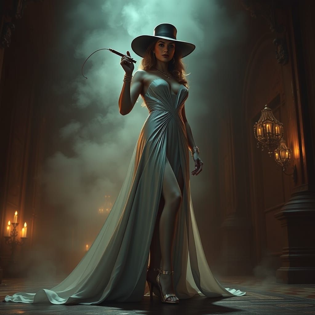 Giant Woman with Whip in Cinematic Setting