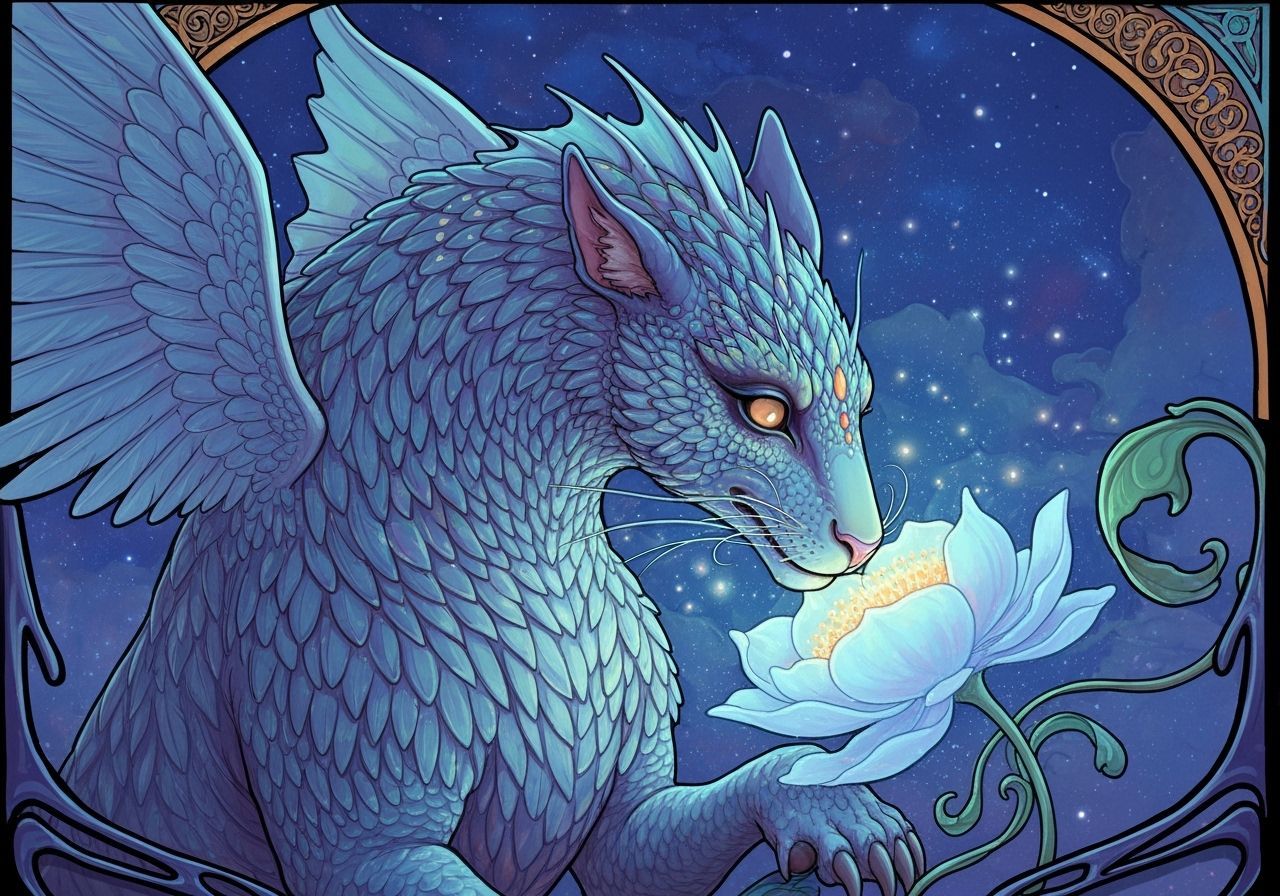 Bioluminescent Fantasy Beast and Ethereal Flower in Art Nouv...