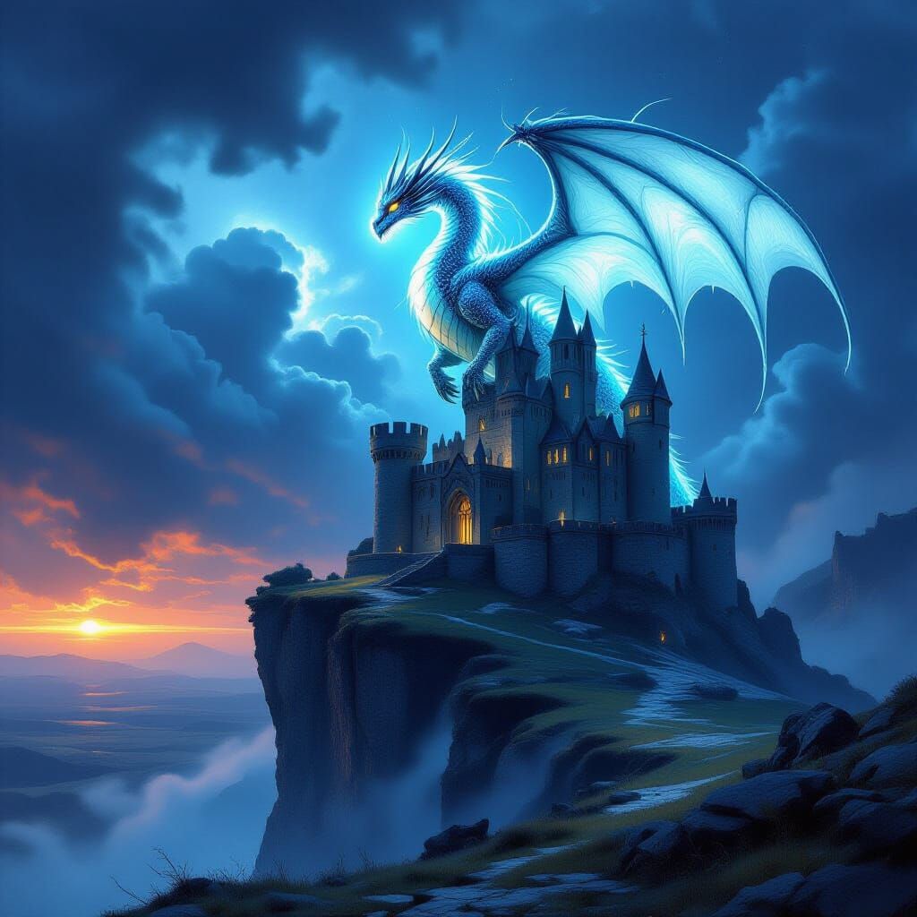 Spectral Dragon Guards Crumbling Castle on Cliff