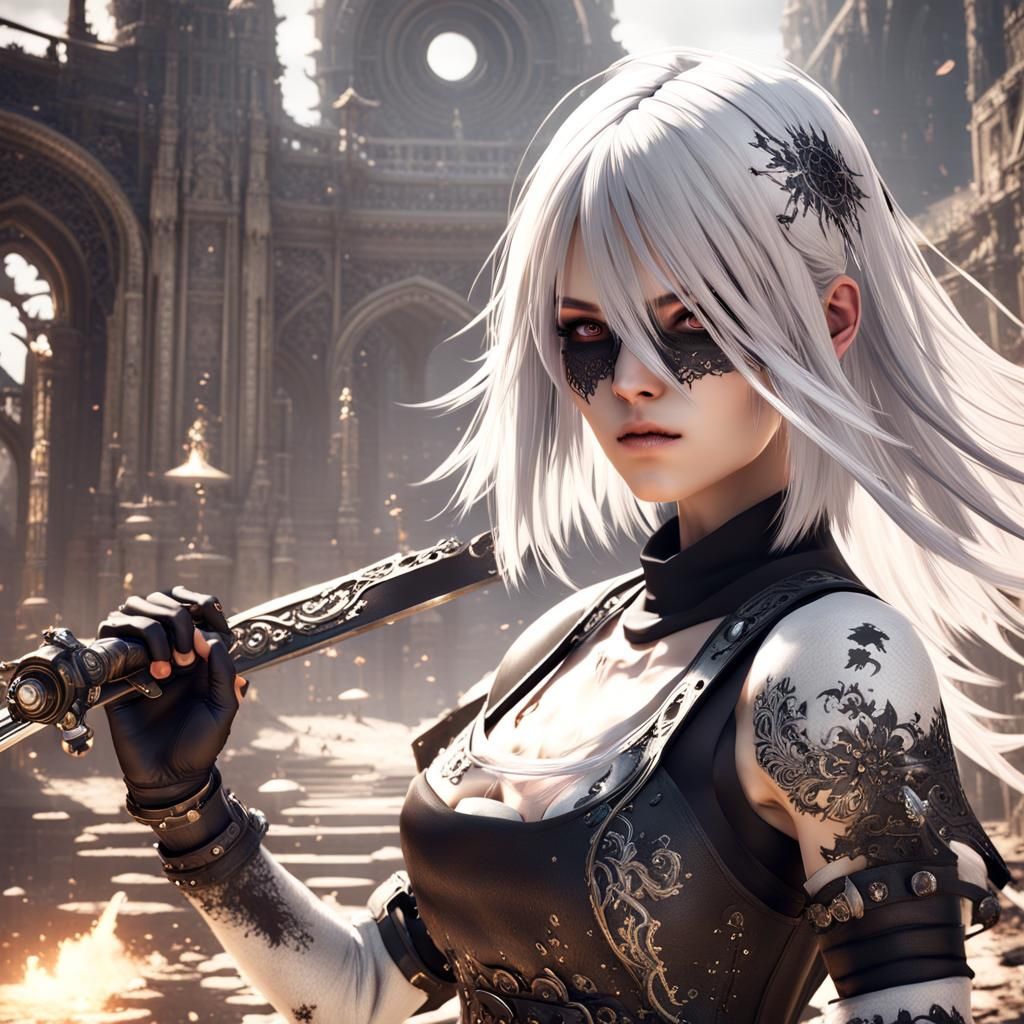 Nier Automata A2 Fighting Robots in a Ruined World