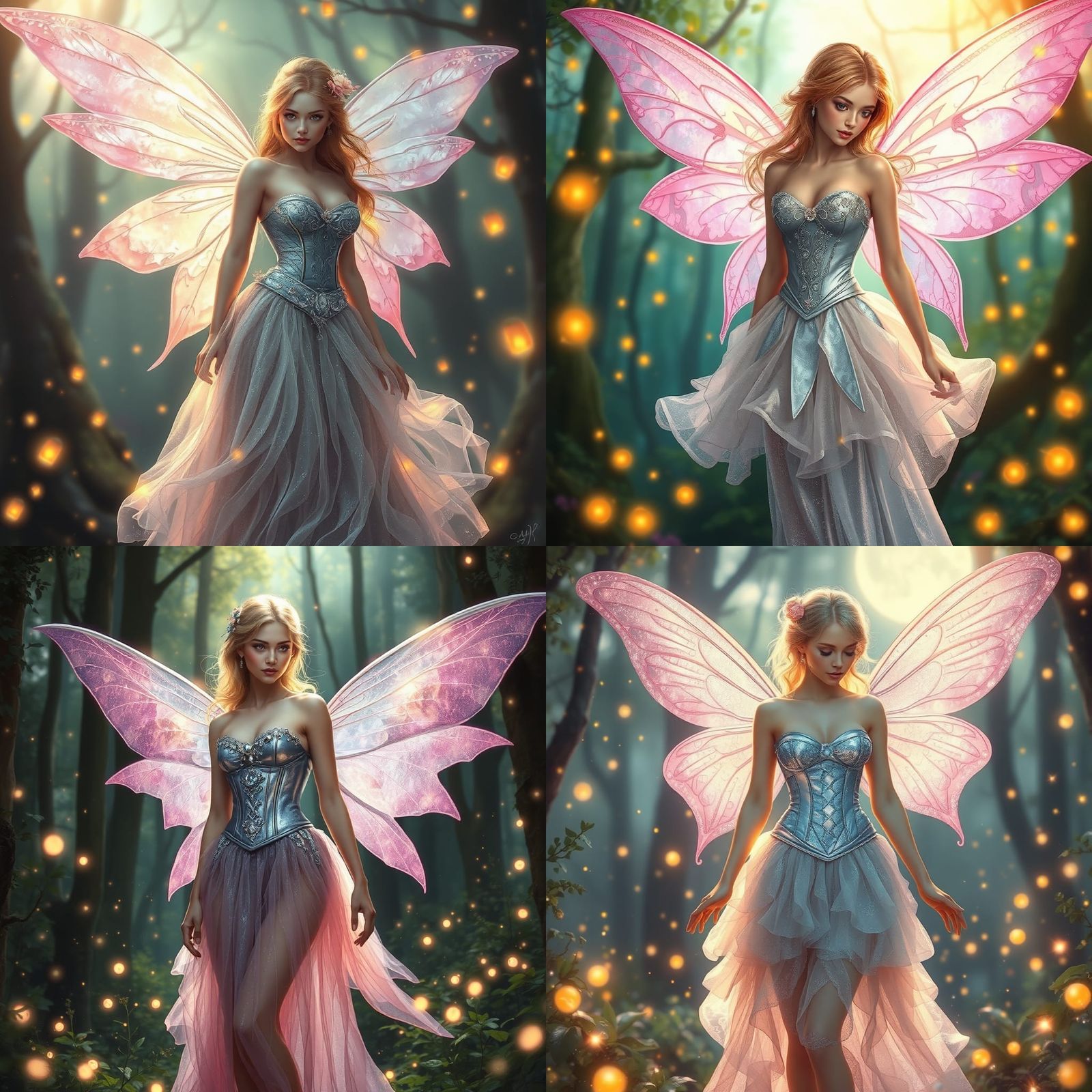 Fantasy Fairy Portrait with Silver Wings and Fireflies