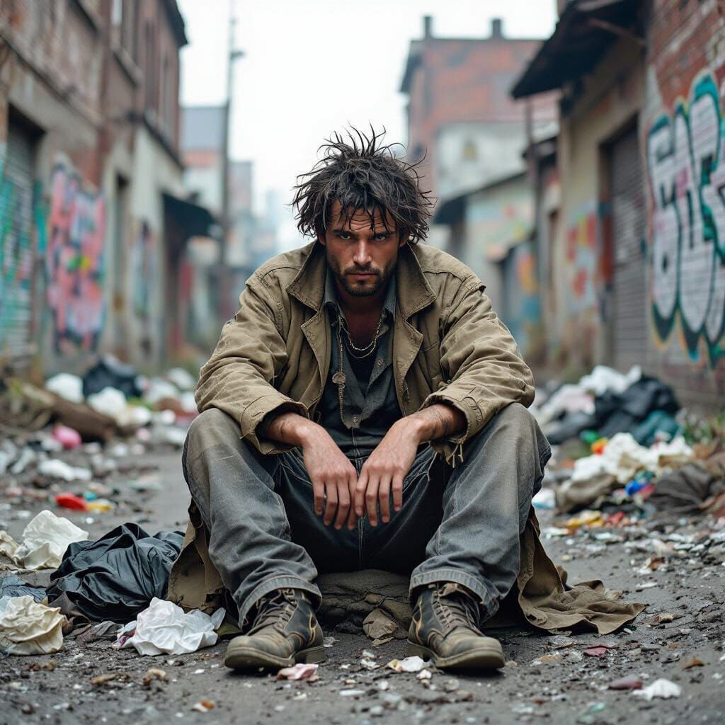 Distressed Figure in Urban Decay, Expressionist Style