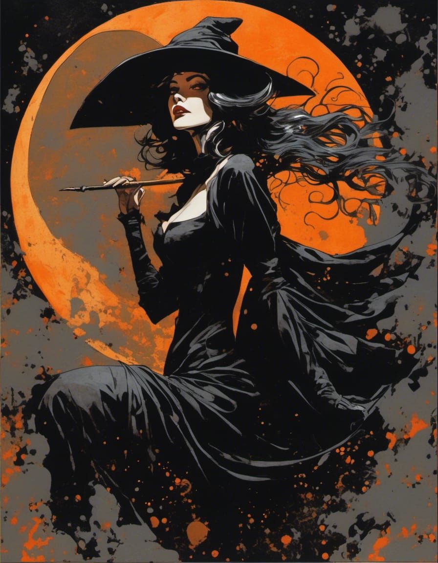 Alluring Witch with Cruel Smile Under Orange Moon