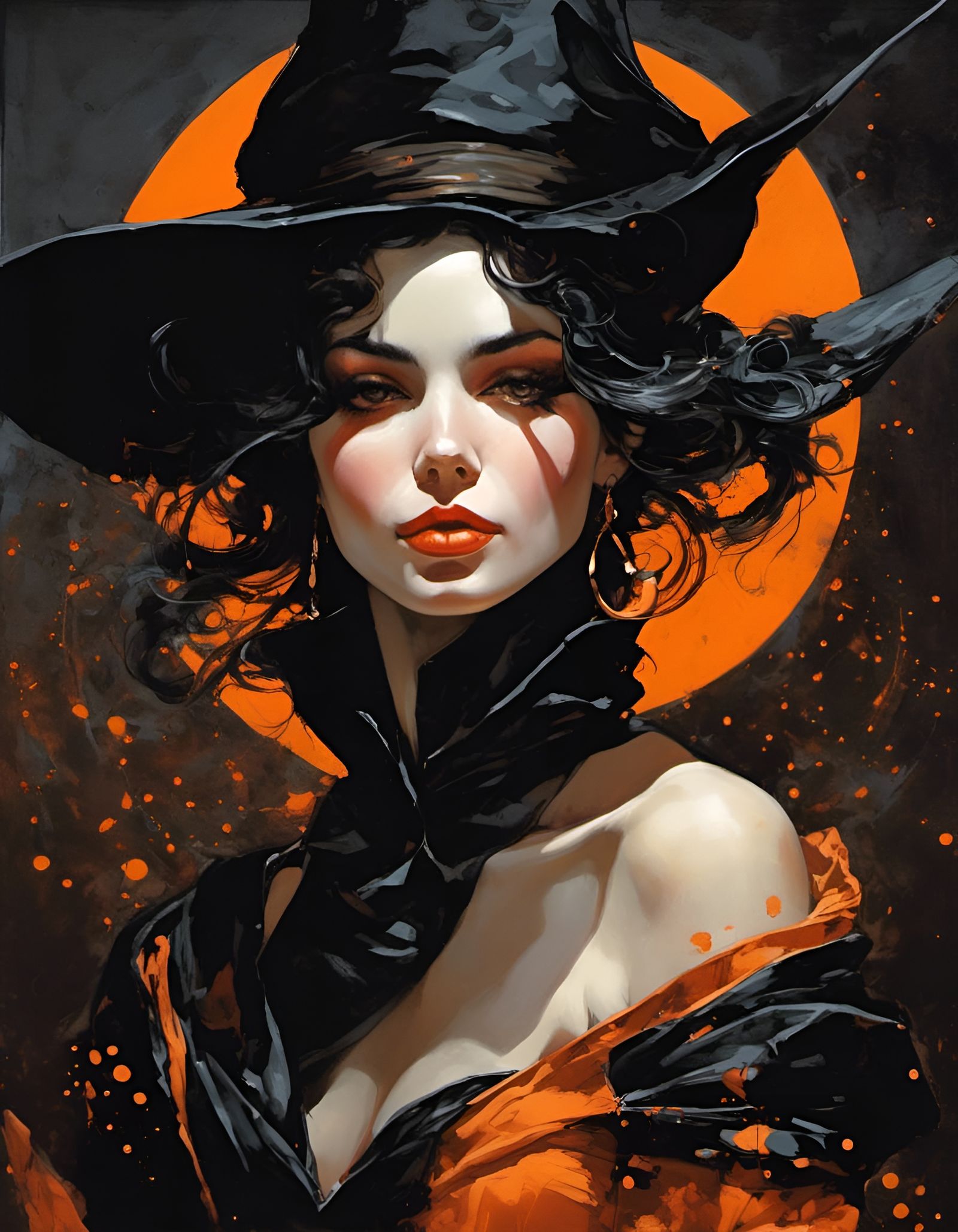 Alluring Witch with Cruel Smile Under Orange Moon