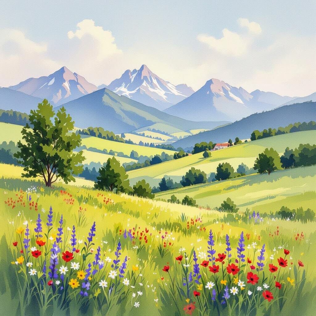 Serene Watercolour Landscape with Hills and Mountains