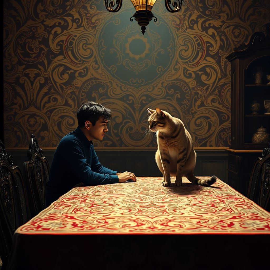 Ethereal Feline Encounter in a Dreamlike Setting