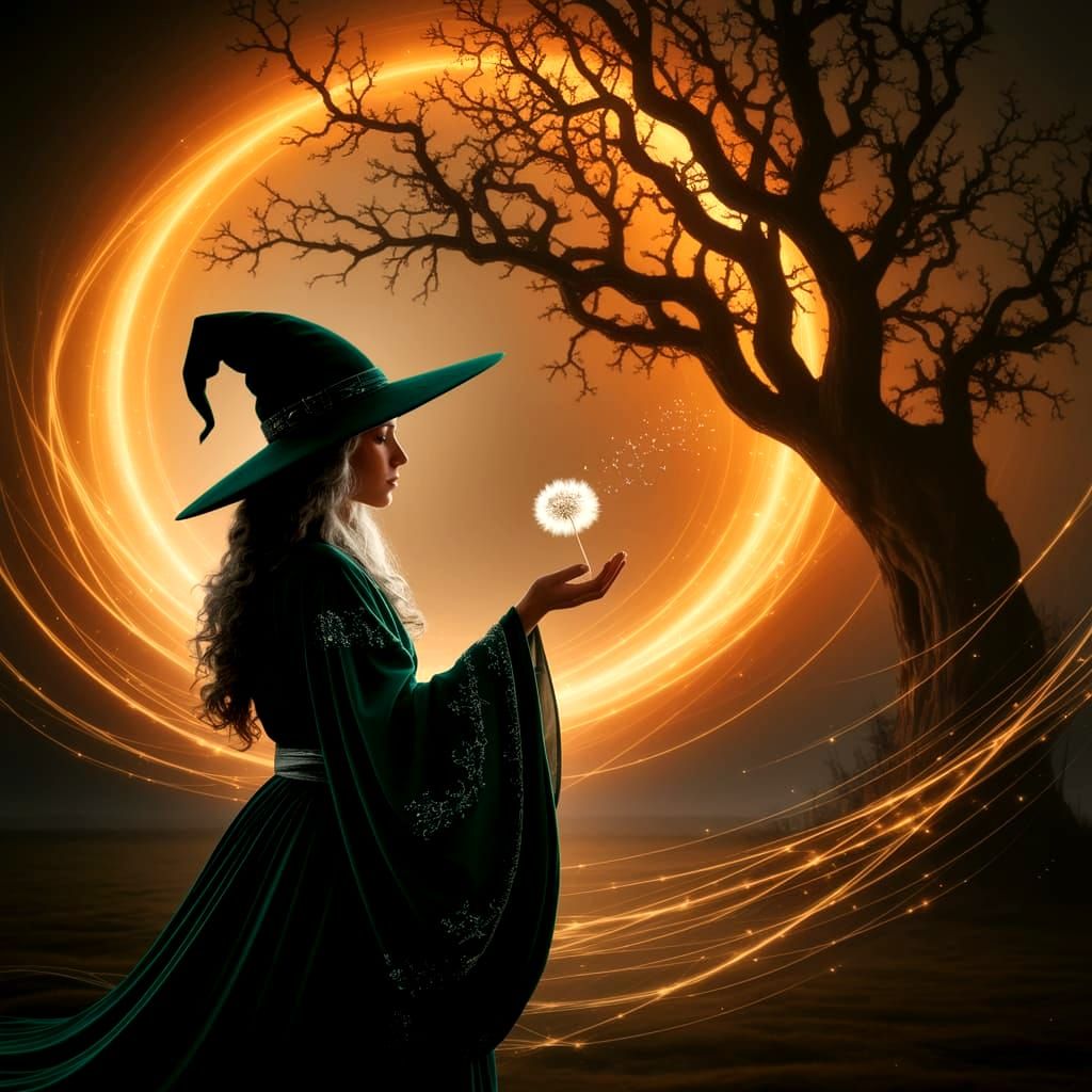 Solitary Witch in Amber Twilight, Pre-Raphaelite Style