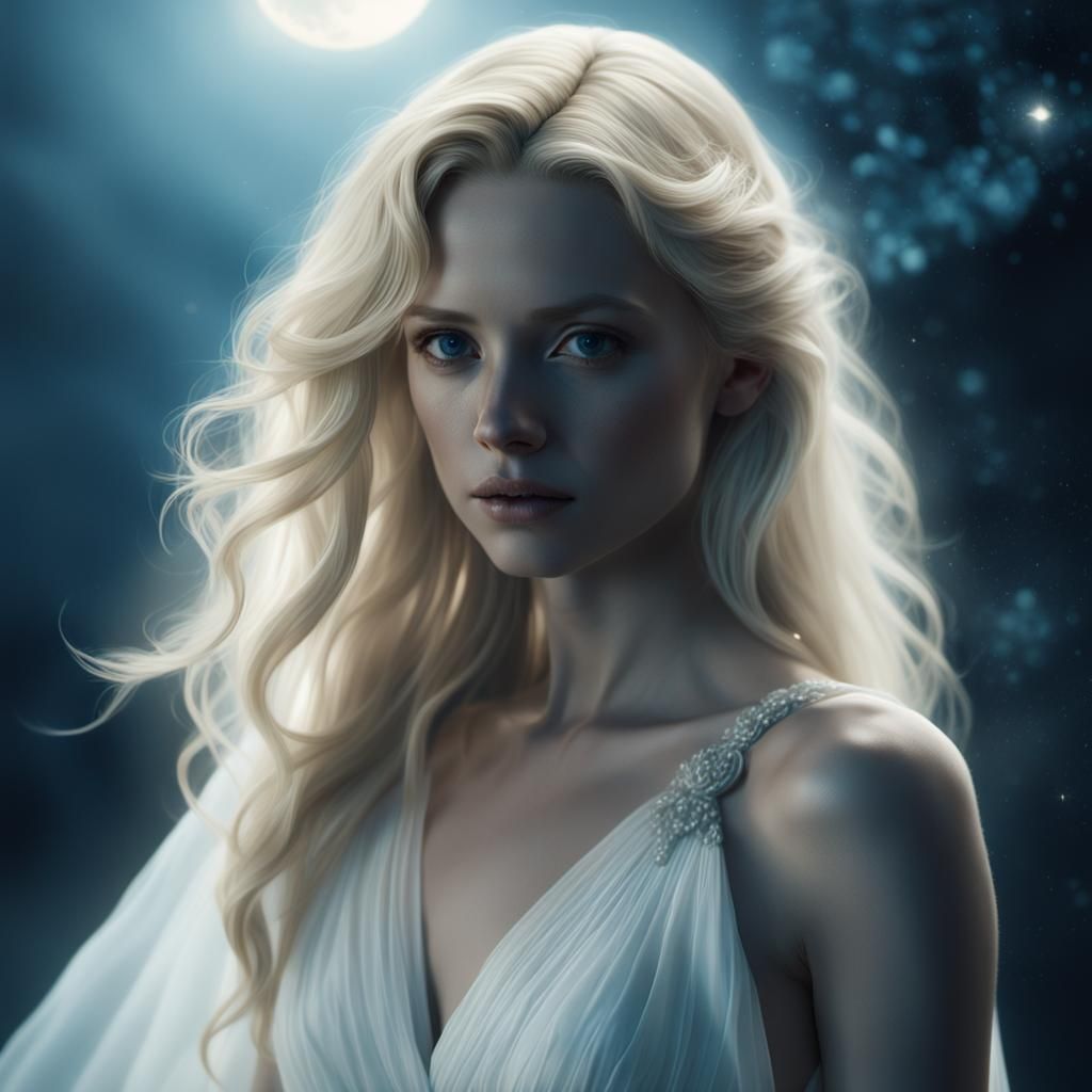 Moonlit Woman in White Gown: Photorealistic Digital Art