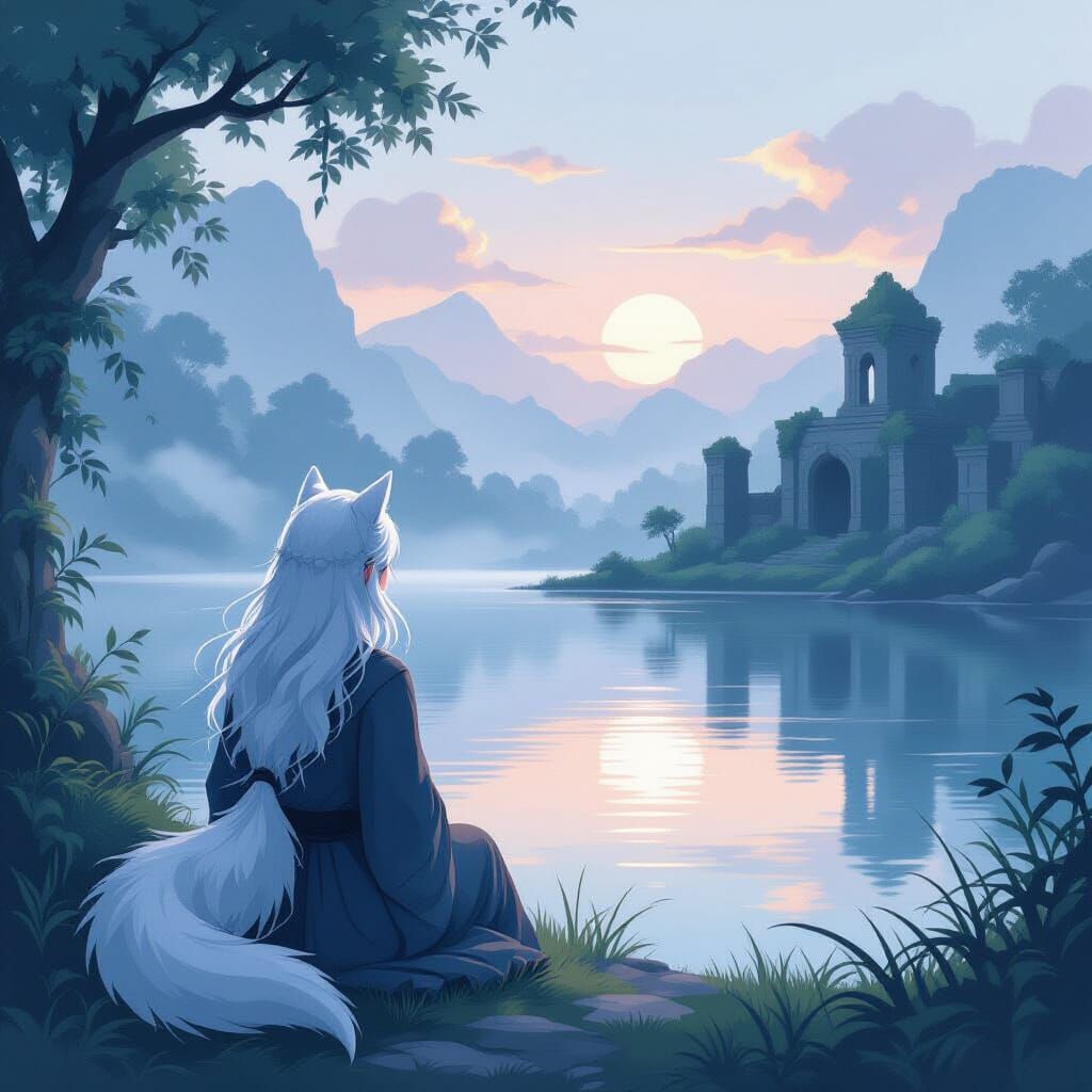 Woman With Wolf Ears Gazes at Misty Lake Dawn