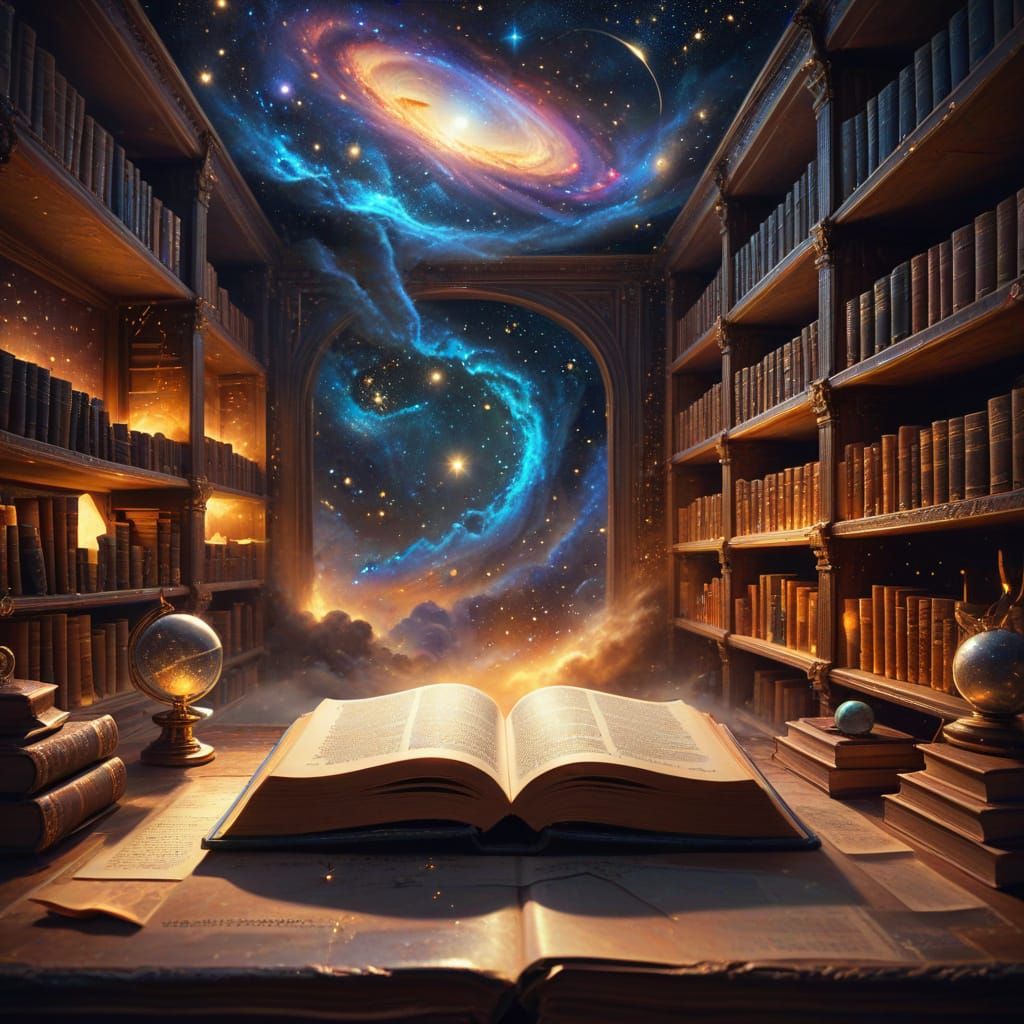Celestial Library: Mythic Realism Dreamlike Oil Painting