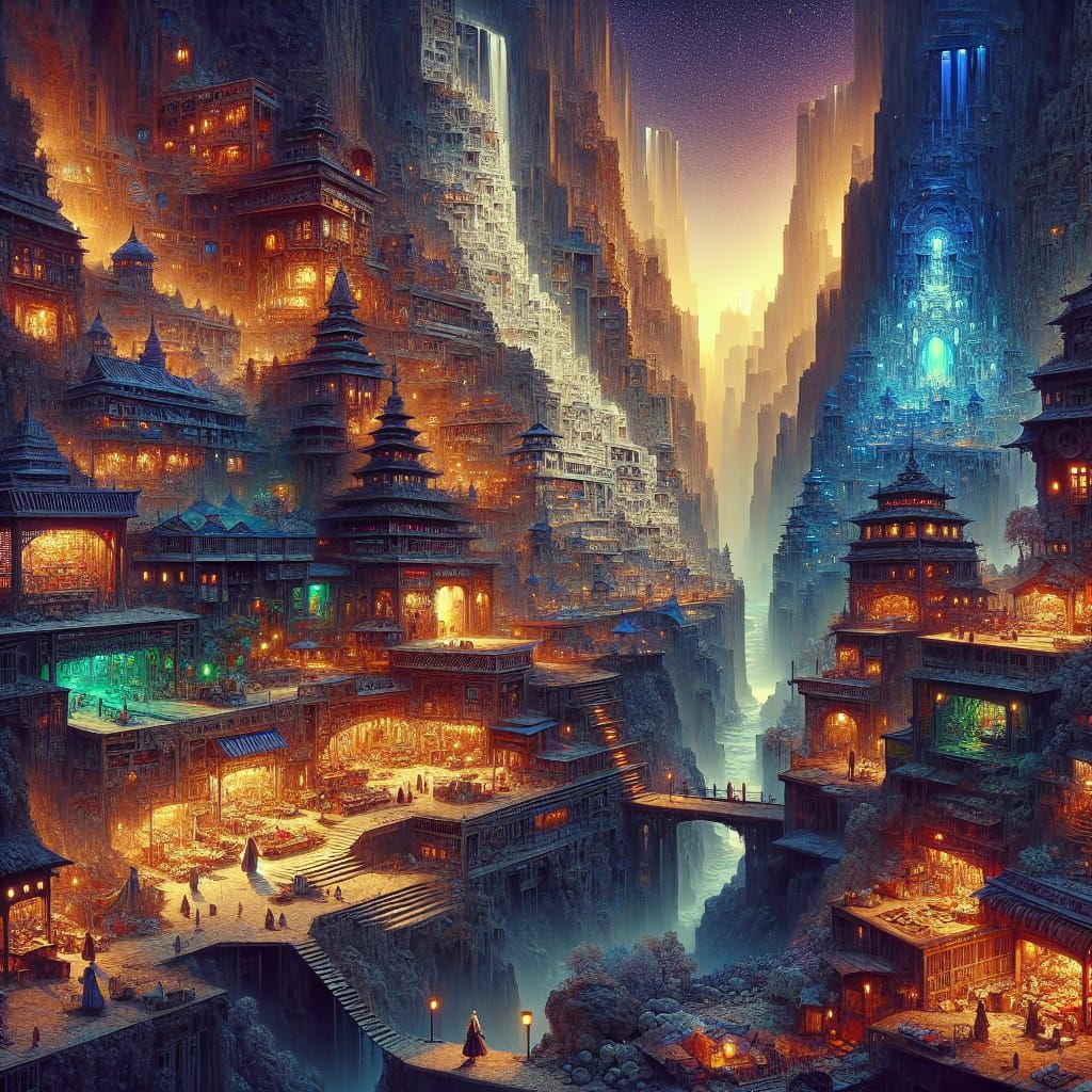Nocturnal Market of Errterra Canyon City in High Fantasy Sty...
