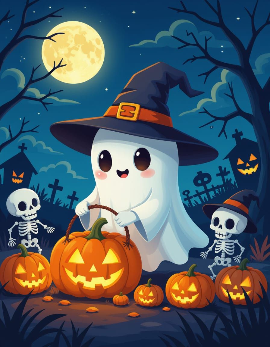 Cute Voodoo Ghost Harvesting Pumpkins on Halloween Night