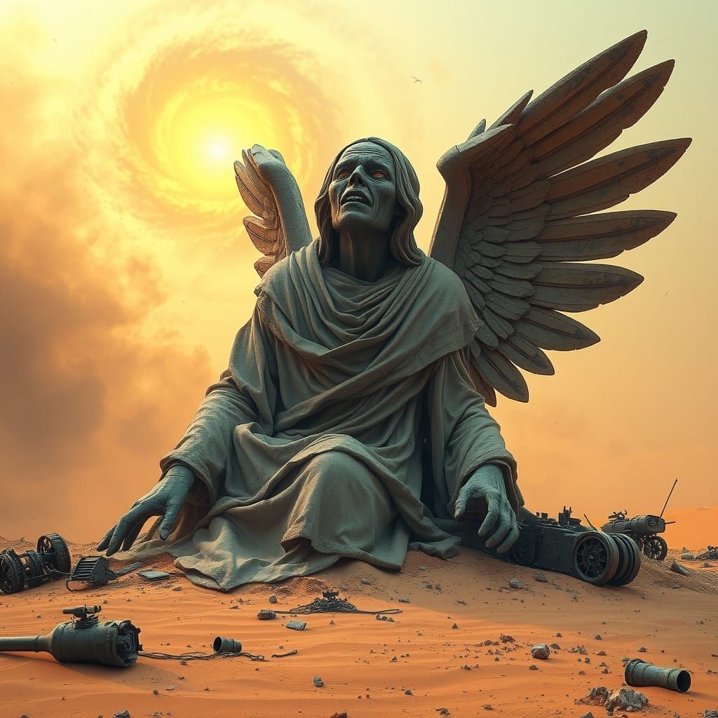 Grotesque Weeping Angel Statue in a Post-Apocalyptic Desert ...