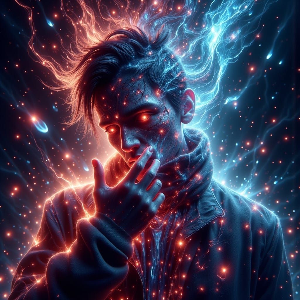 Person Coughing with Swirling Particles in Digital Art