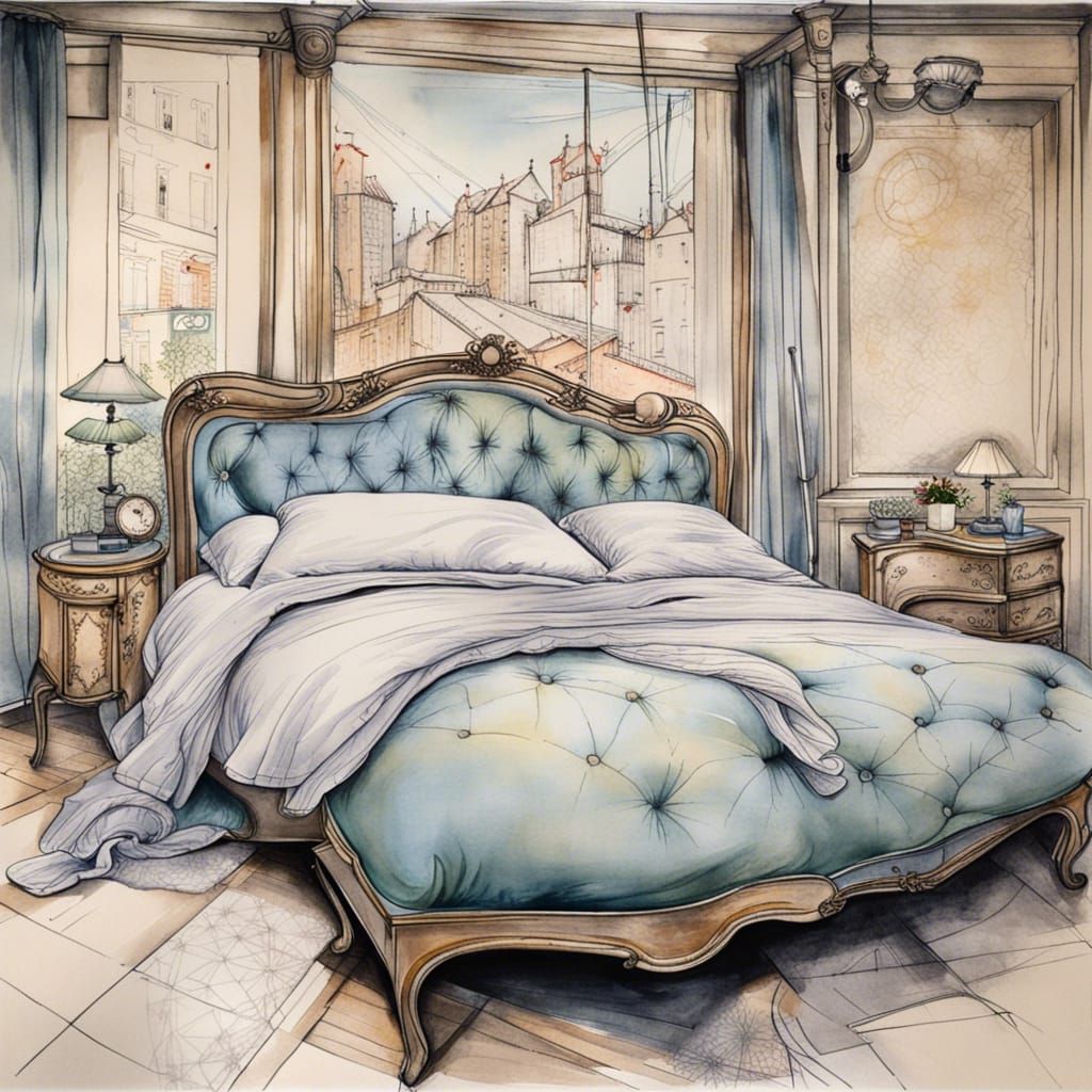 Shabby Chic Rococo Bed: Watercolor Street Art