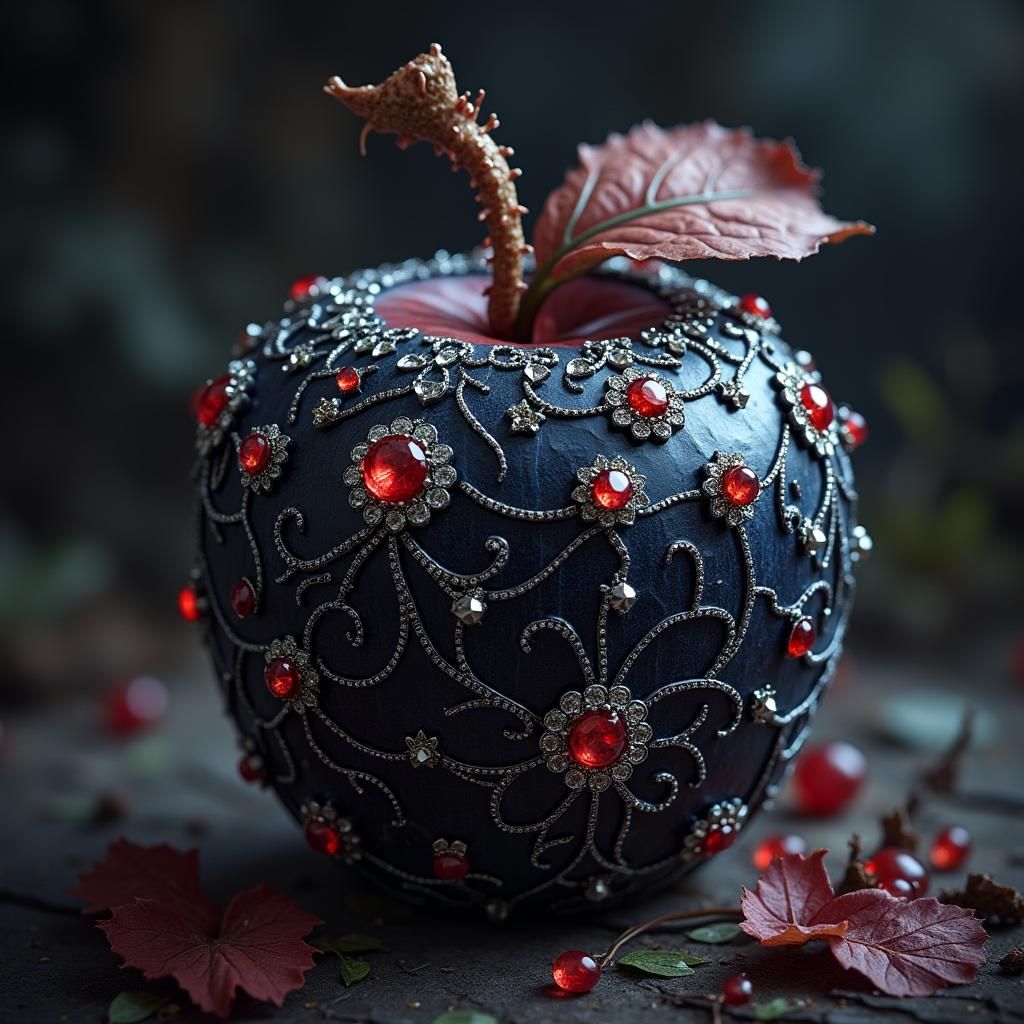 Bejeweled Black Apple with Silver Worm