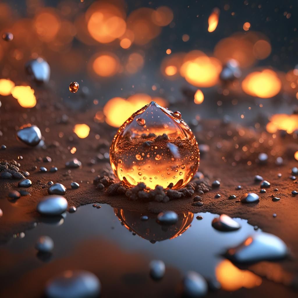 Dewdrop Reflecting Wildfire: 16k Photorealistic Image