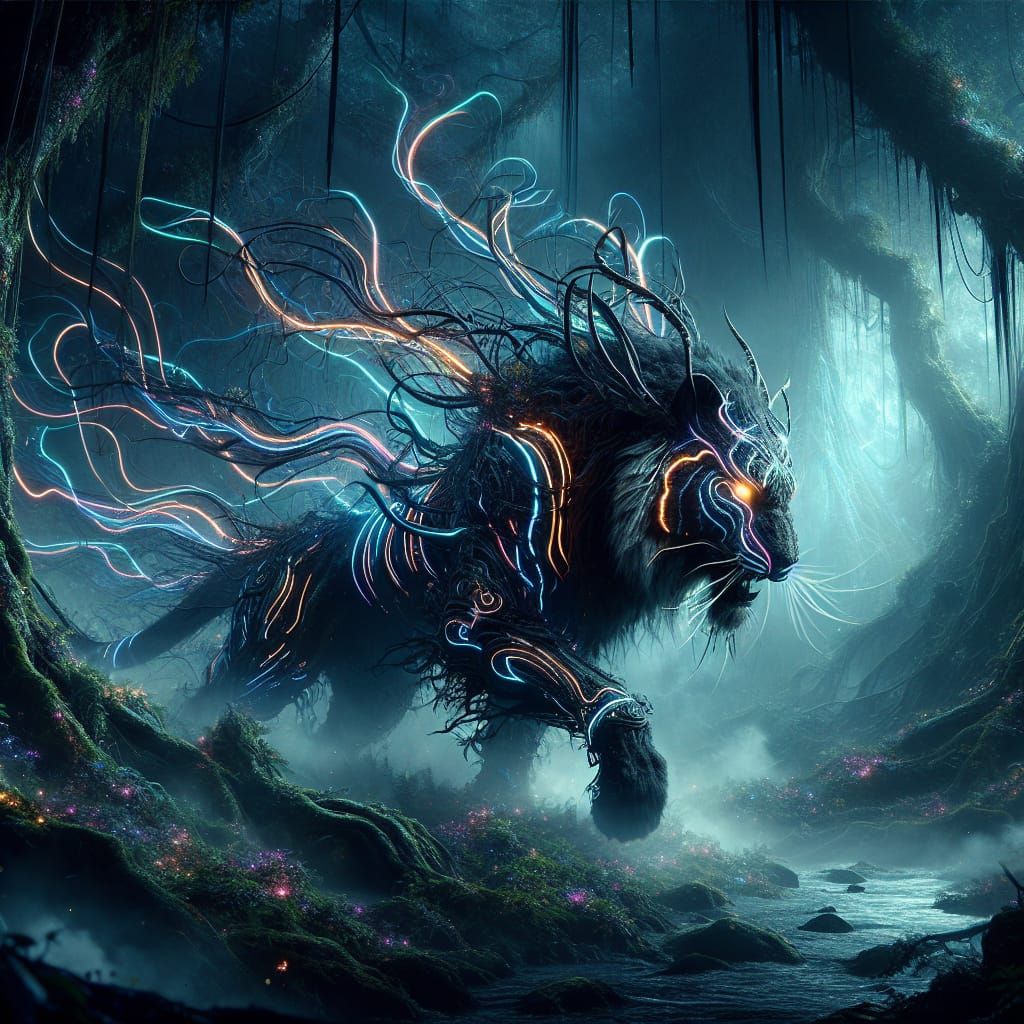 Neon-Striped Black Tiger Prowls Misty Jungle