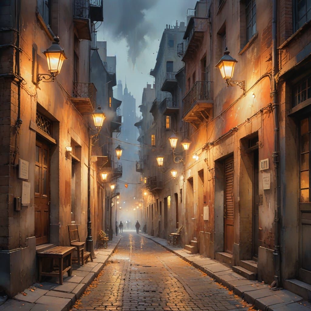 Twilight Urban Oasis in Whimsical Watercolour