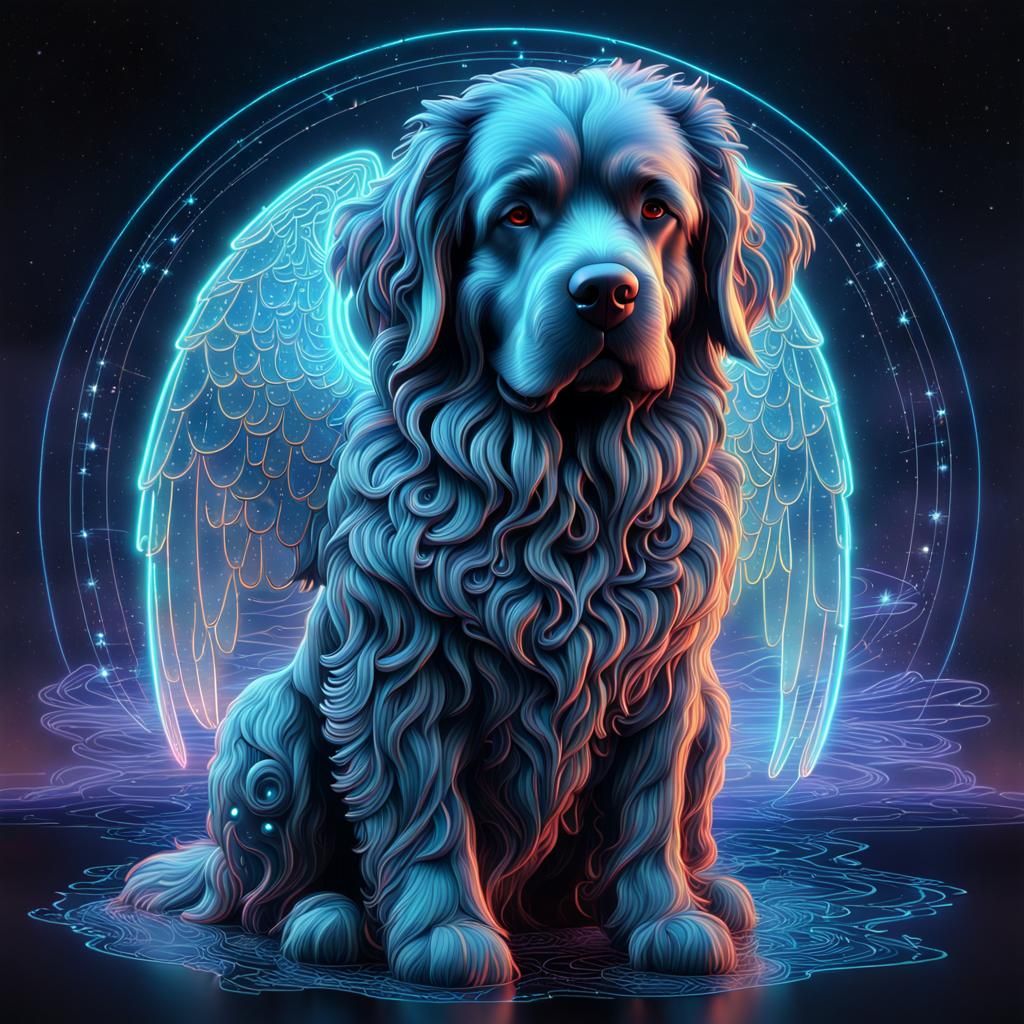 Neon Newfoundland Angel in Cyberpunk Style