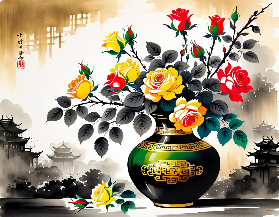 Rainbow Roses in Vase, Chinese Ink Painting