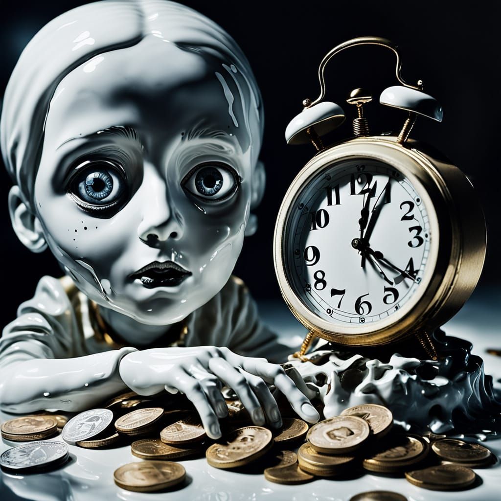 Surreal Melting Clock on Doll Hand with Coins