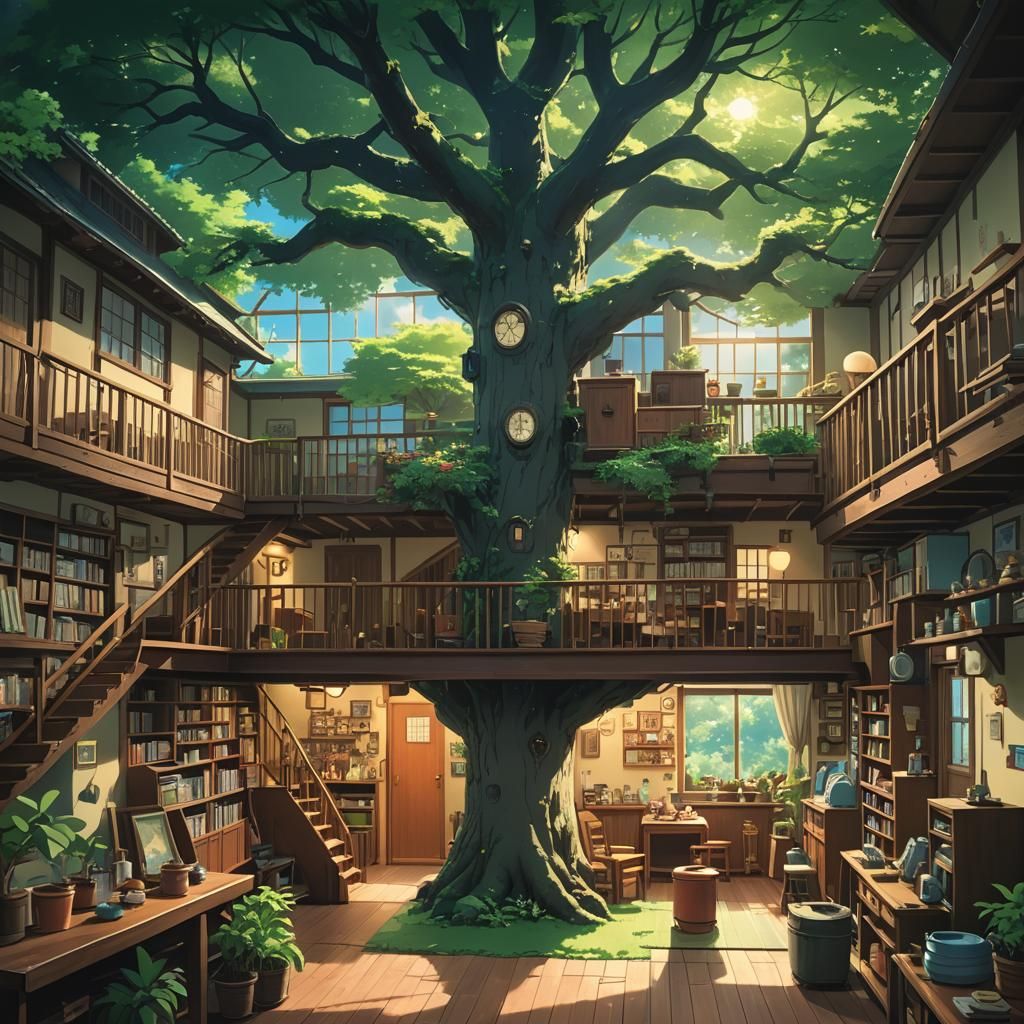 Anime Treehouse Family Home in Ghibli Style