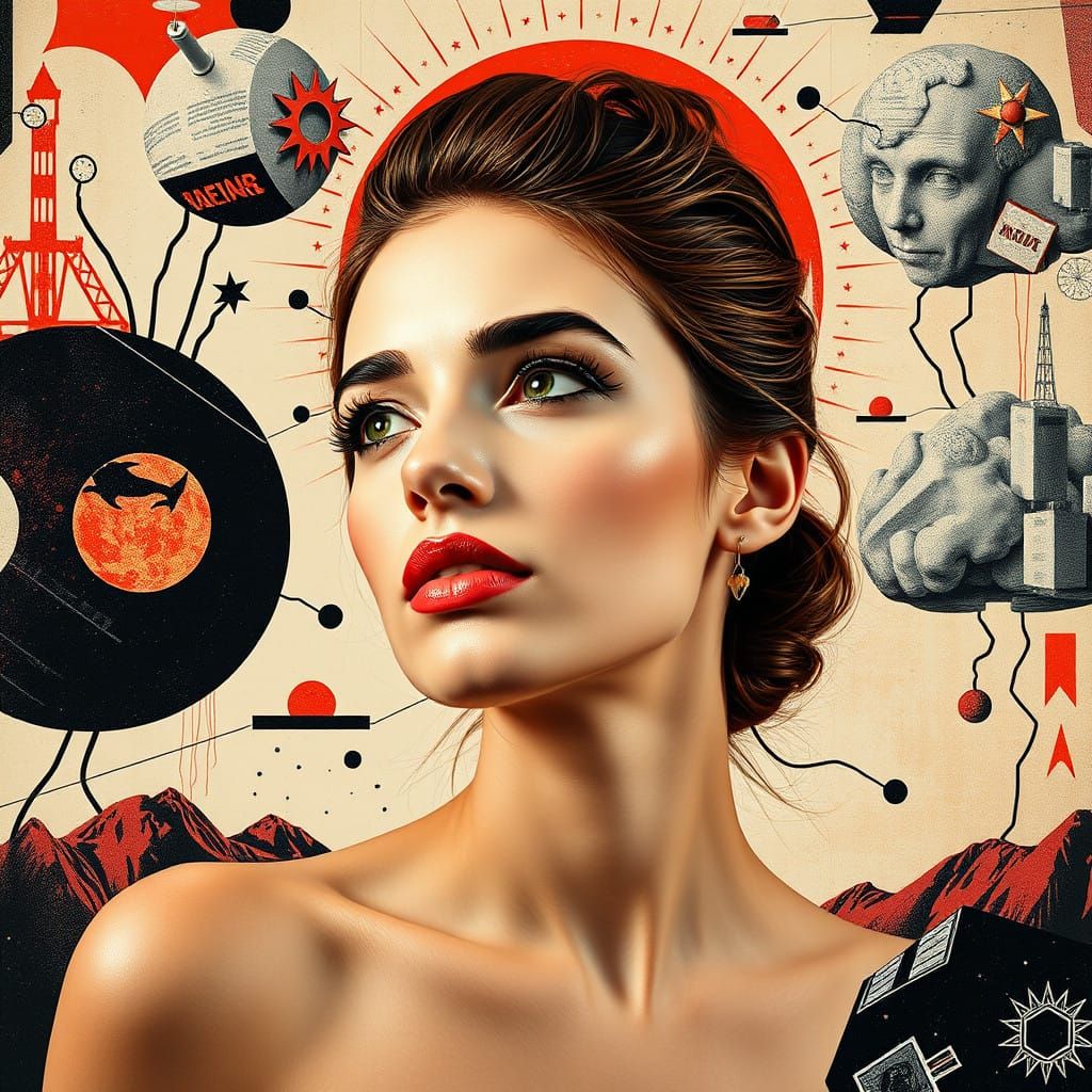 Surreal Portrait of a Woman in Bold, Typographic Environment