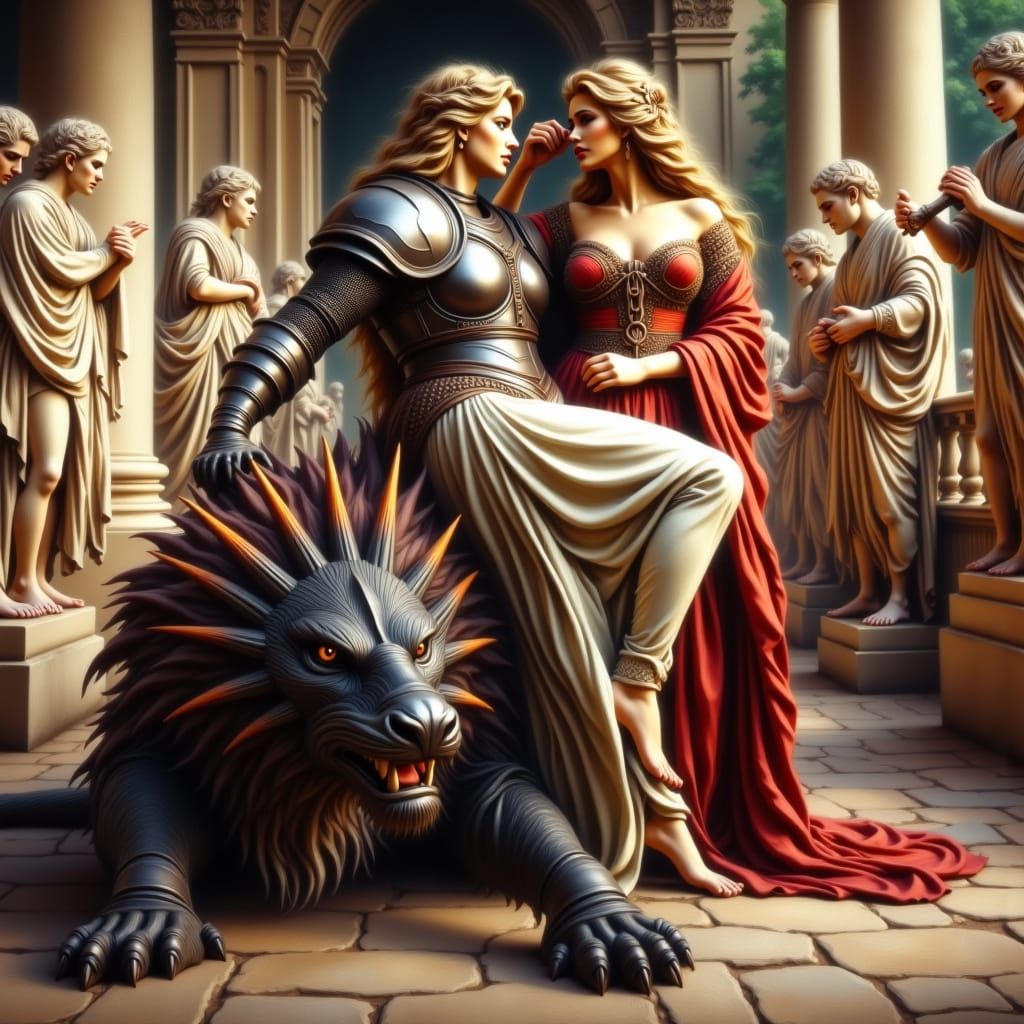 Knight Defends Lady From Dragon in Classical Art Style