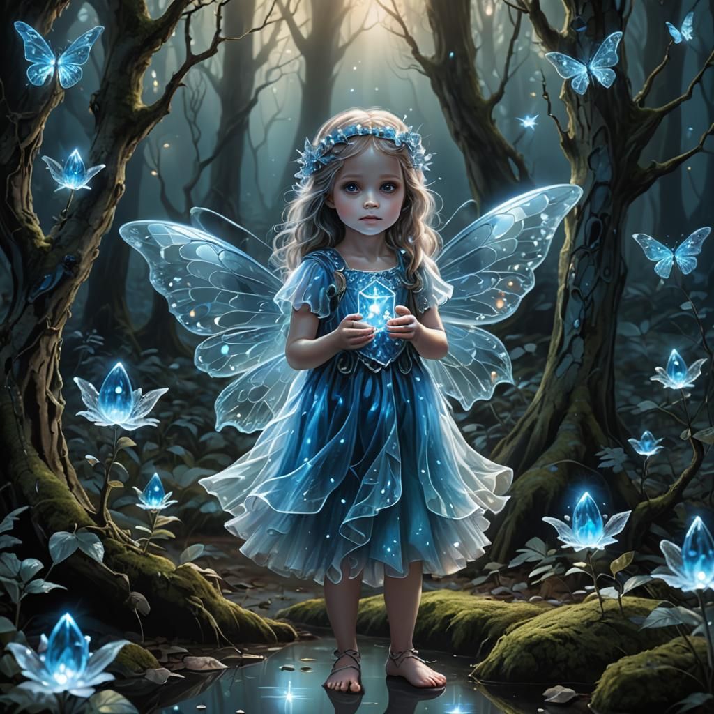Reflective Crystal Fairy Child in Enchanted Forest