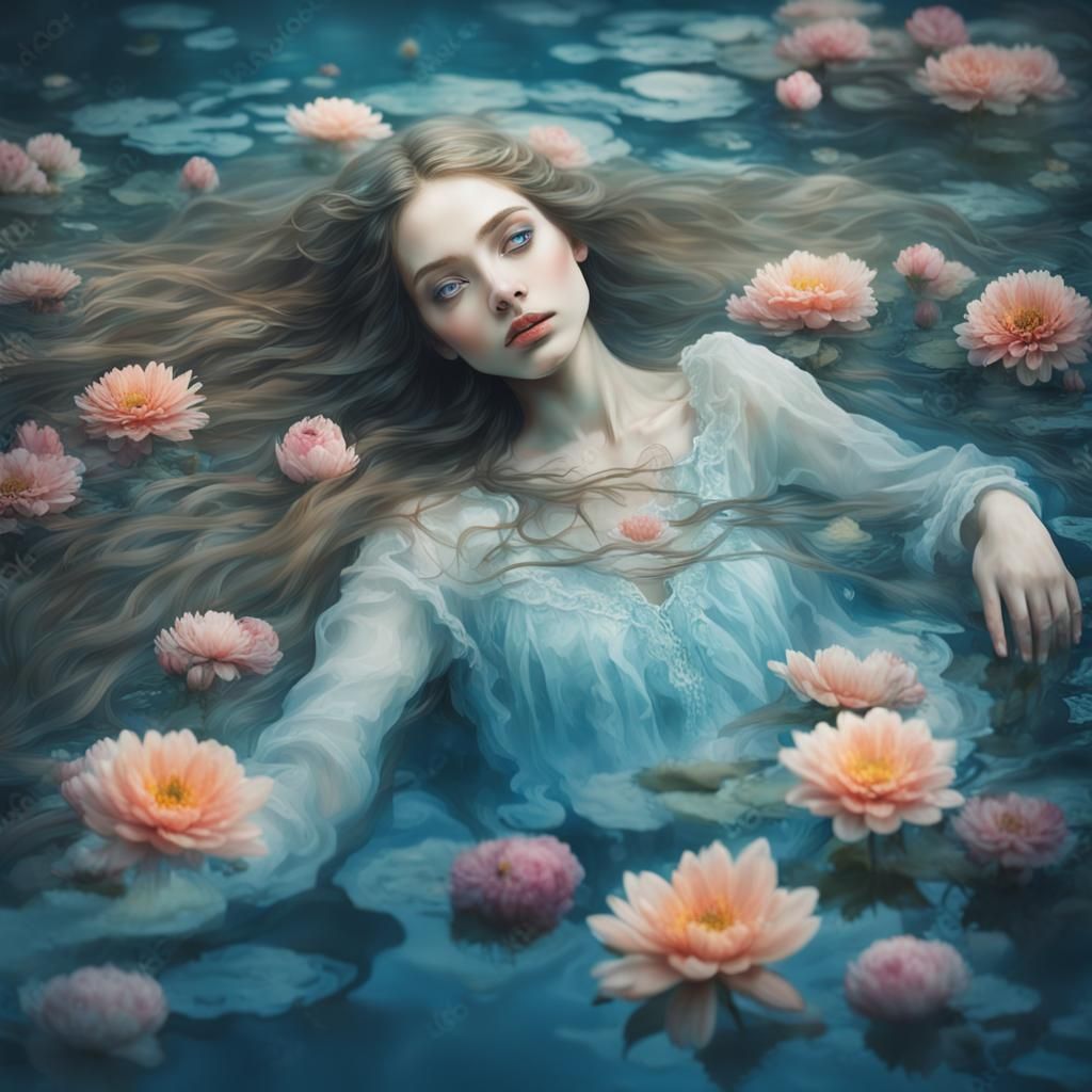 Ethereal Portrait of Ophelia in Water with Flowers