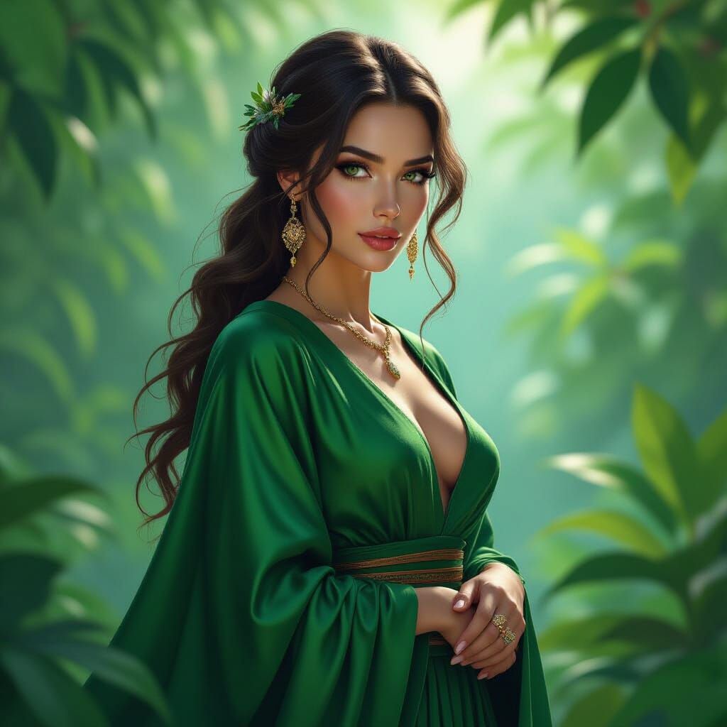 Emerald Earth Goddess in Hyperrealistic Splash Art Style