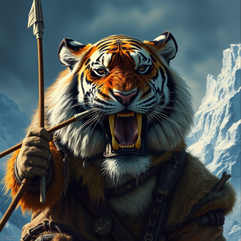 Hunter and Saber-Tooth Tiger in Icy Battle