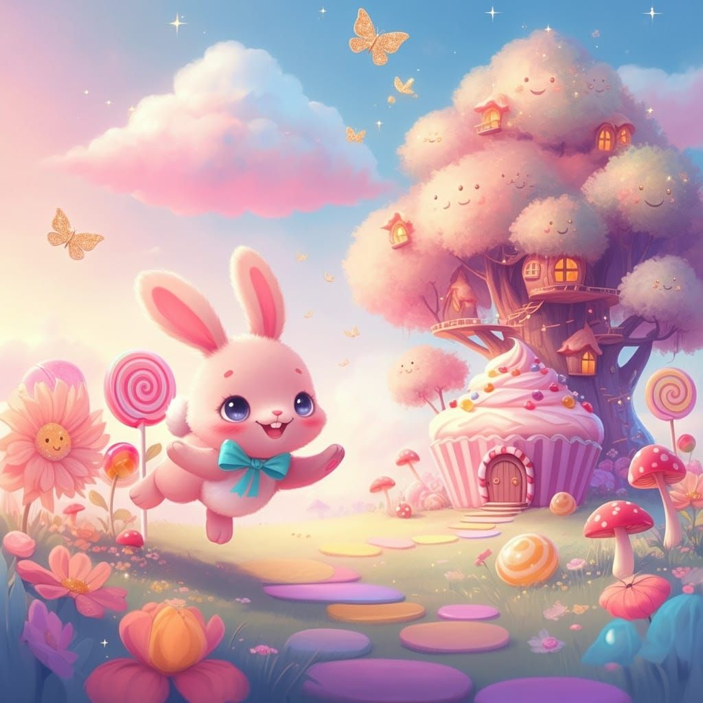 Dreamy Cartoon Bunny in Candy Meadow