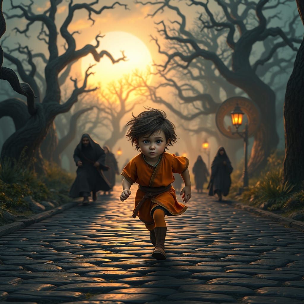 A Small Adventurer Runs Through a Whimsical Landscape