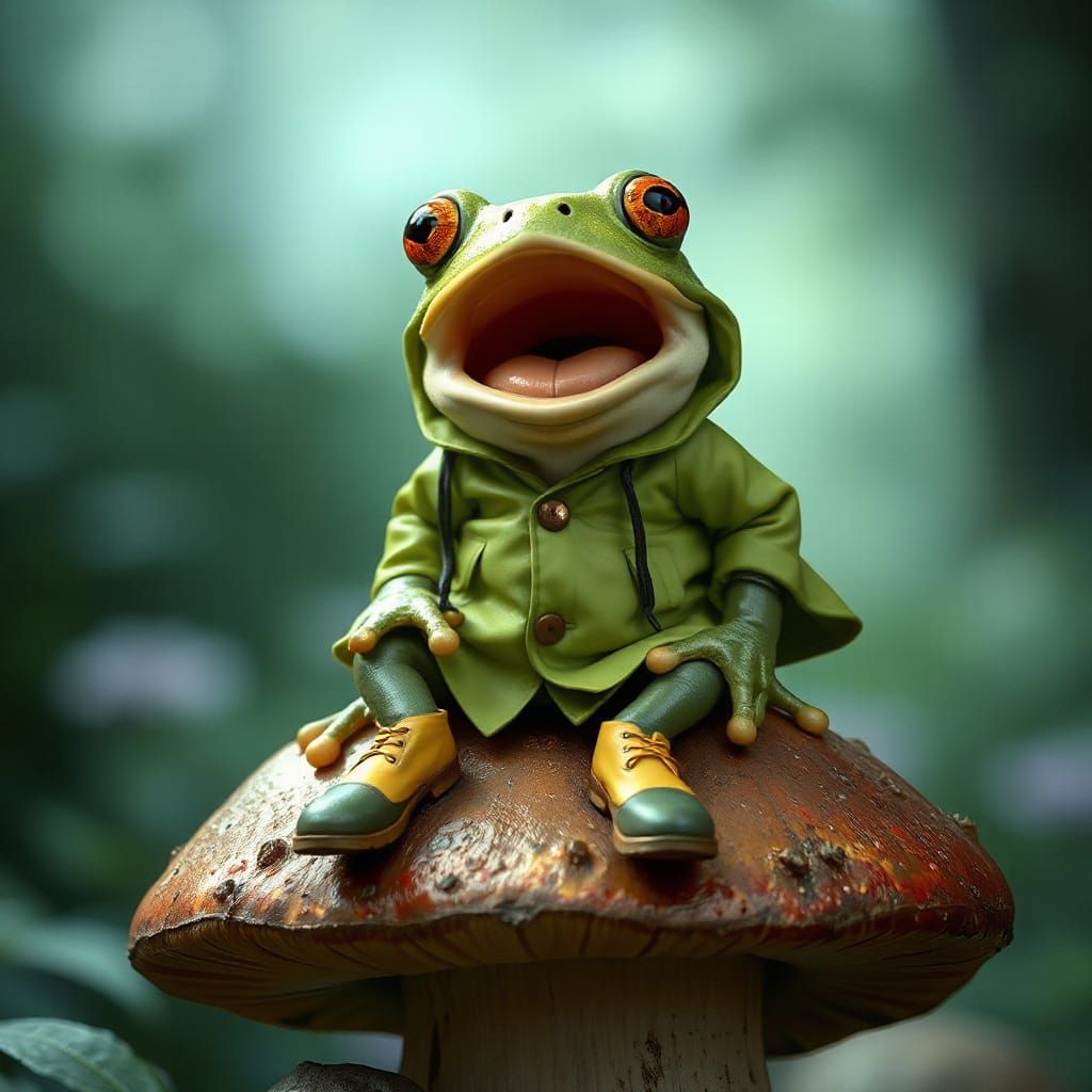 Astonished Frog in Raincoat, Anime Style