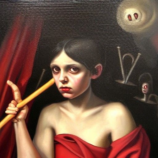 Sinister Portrait of Girl with Trident as Oil Painting