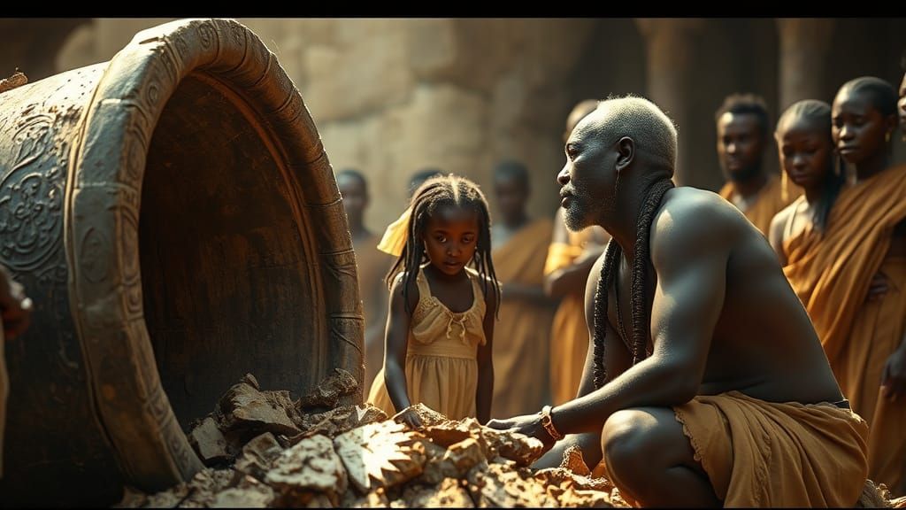 Ethereal African Girl Rising from Ancient Mortar